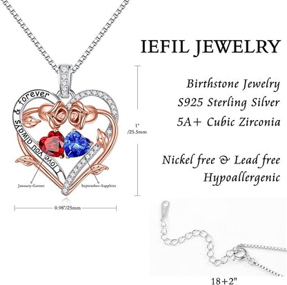 Iefil Rose Heart Double Birthstone Necklace Gifts for Wife Her Mom Women, Birthstone Jewelry Gemstone Birthday Gifts for Girlfriend Grandma Her Wife Women