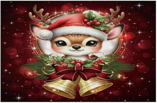 Christmas Xmas Bells Deer Placemats Set of 4 PVC Vinyl Non Slip Table Mats Heat Resistant Place Mats Washable Wipeable Dining Table Mat for Kitchen Decor Party Indoor Outdoor Decorative Gift