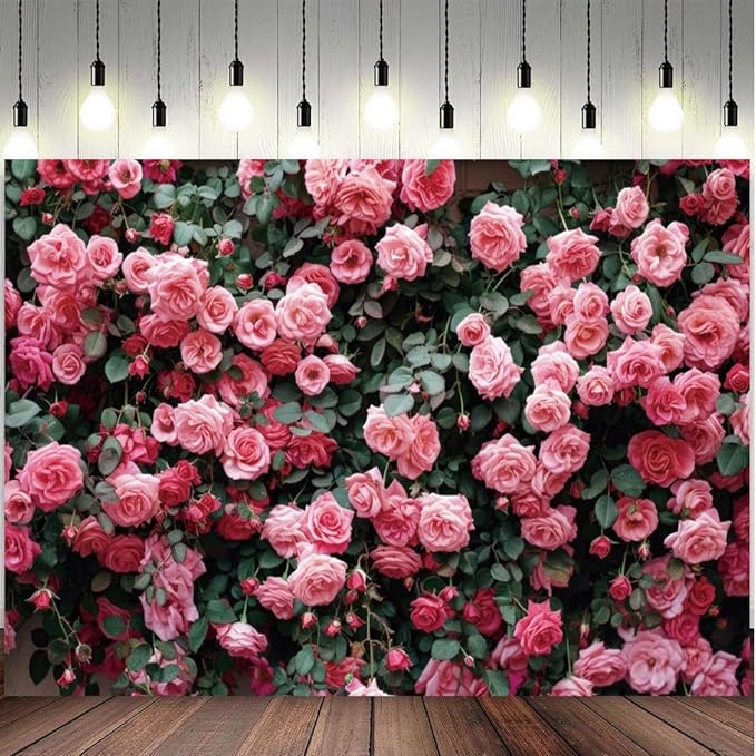 10x8ft Pink Flower Wall Backdrop Roses Floral Background Spring Tea Party Photography Banner for Wedding Birthday Bridal Shower Mother's Day Women's Day Valentine's Day Princess Portraits
