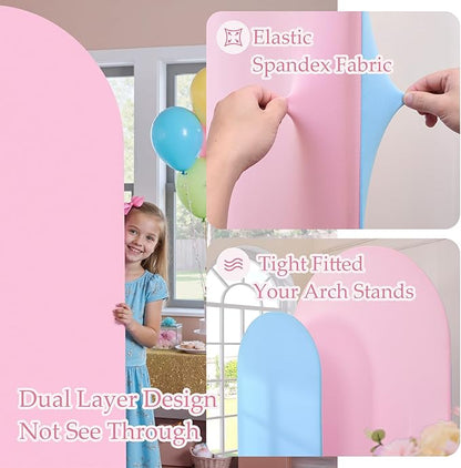 Blue Pink Arch Backdrop Cover Set of 2-7.2ft 6ft Dual Color Wedding Arch Cover-Wrinkle Free Stretchy Spandex Fitted Chiara Arch Stand Cover for Boy Girl Birthday Party Gender Reavel Photo Photography