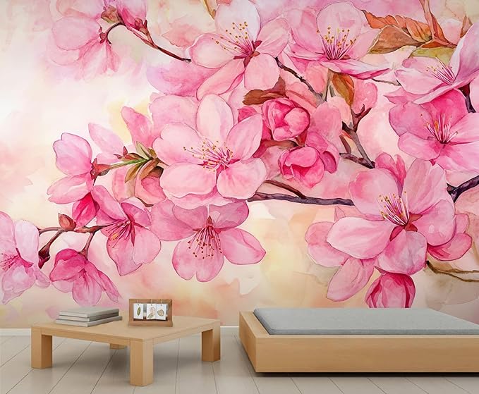 Watercolor Cherry Blossom Wall Mural, Japanese Cherry Blossom 3D Wall Murals, Simple Elegant Flowers Wallpaper Mural, for Living Room Bedroom Large Wallpaper Indoor Decor 137.8" W x100 H