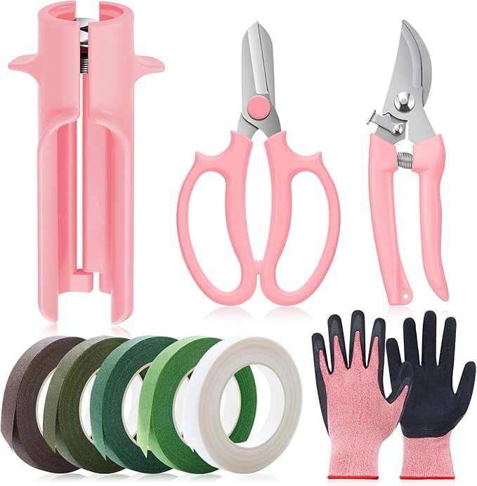 Lasnten 9 Pcs Rose Stripper Thorn Remover Set Include 1 Rose Thorn Stripper Tool 5 Floral Tape 1 Flower Scissor 1 Curve Gardening Scissors 1 Pair Gardening Gloves for Home Wedding Florist(Pink)