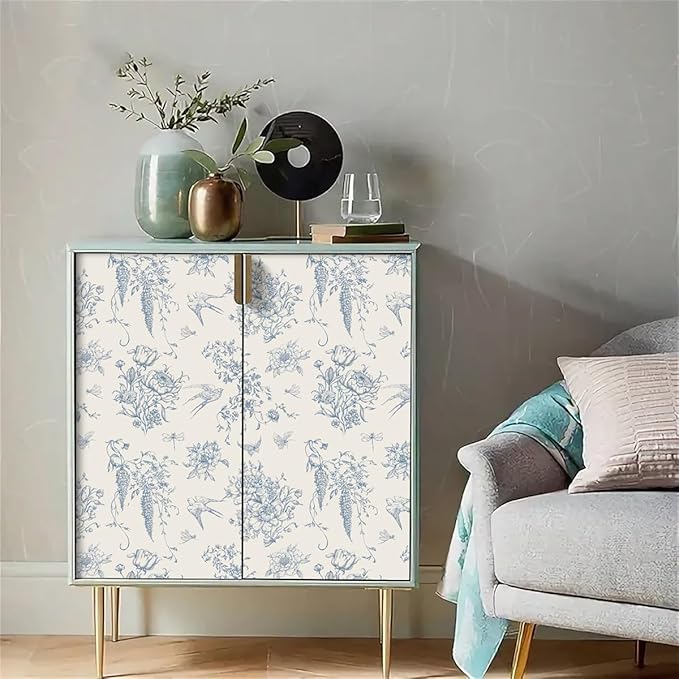 Cream White and Blue Peel and Stick Wallpaper Vintage Floral Contact Paper 16.9"x 118.1" Blue Floral Wallpaper Peel and Stick Birds Self Adhesive Removable Wall Paper for Bedroom Bathroom