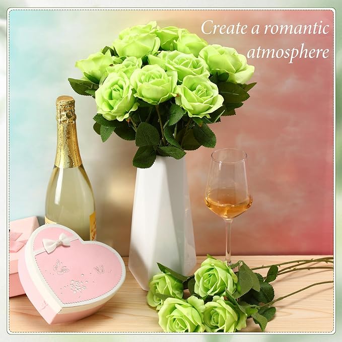 Hotop 20 Pcs Artificial Rose Flowers with Long Stem,Real Touch Silk Realistic Plastic Bouquet Roses Bulk for Home Decor Bridal Wedding Party Table Centerpieces Decorations(Green)