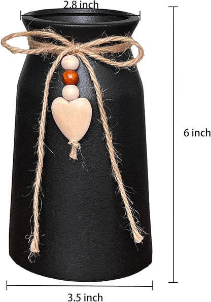 Premium Ceramic Vase with Jute Rope & Heart Charm | 6-Inch Decorative Flower Vase for Modern & Farmhouse Décor, Black Color