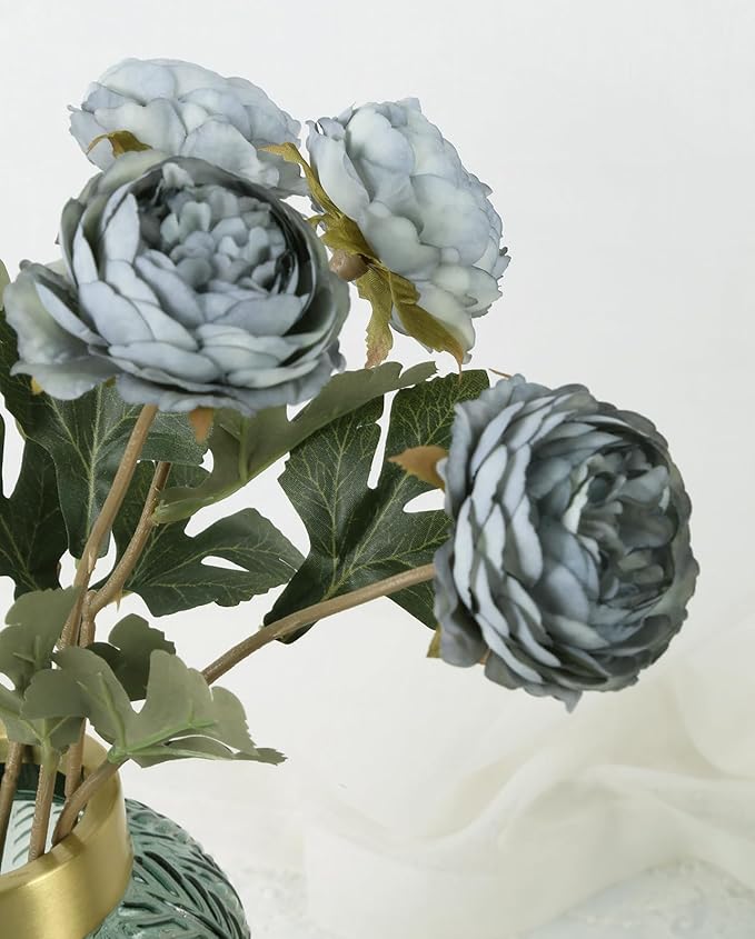 IPOPU 10pcs Dusty Blue Peonies Artificial Flowers Gradient Blue Silk Peonies with Stems Real Touch Fake Peony for Wedding Decoration Bride Bouquet Faux Flowers Floral Arrangement