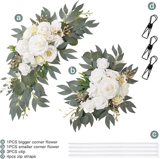 Wedding Arch Flowers, 2 Pack Floral Swag for Wedding Welcome Sign Decorations, Artificial White Roses Greenery Garland for Ceremony and Reception Backdrop Decor