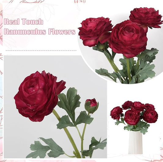 Dark Red Ranunculus Artificial Flowers 6PCS Real Touch Ranunculus Flowers Fake Peonies Artificial Flowers for DIY Wedding Bouquet Party Table Home Decor(Dark Red)