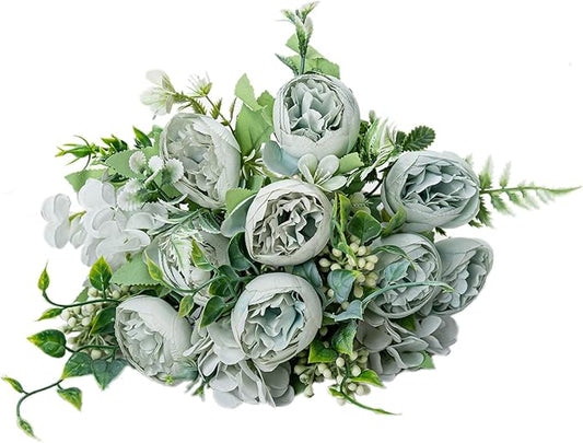 KAOYOO 4 PCS Artificial Peony Bouquet Short Stem for DIY Wedding Decoration Bridal Bouquet Home Decorations(Light Blue 4-PCS)