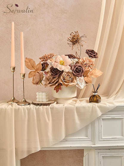 Serwalin Artificial Flowers,Brown & Apricot Fake Silk Flowers for DIY Wedding Bouquets Bridal Shower Centerpieces Floral Arrangements Party Tables Home Decorations