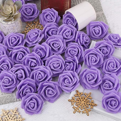 IPOPU Artificial Rose Flower Heads, 100 Pcs Real Looking Purple Foam Fake Roses for DIY Wedding Baby Shower Centerpieces Arrangements Party Tables Home Decorations (Purple 1, Stemless)