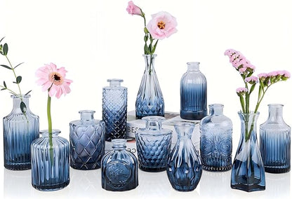 Navy Blue Glass Bud Vases Set of 12, Mini Flower Vase for Centerpieces, Small Glass Vases in Bulk for Wedding Decorations, Vintage Vase Bridal Shower, Party, Graduation, Home Table Décor