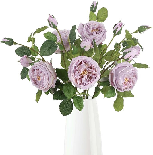 Real Touch Purple Austin Roses Peonies Artificial Flowers 4 Bouquets Latex Fake Peonies with Long Stem Realistic Faux Peonies for Wedding Party Home Table Centerpieces Decor (Light Purple)