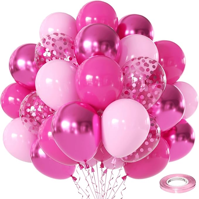 Pink Confetti Balloons Set, 50pcs 12 Inch Metallic Hot Pink Balloons, Light Pink Latex Party Balloon with Pink Ribbons for Girls Women Birthday Bridal Shower Wedding Princess Party Decorations