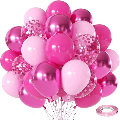 Pink Confetti Balloons Set, 50pcs 12 Inch Metallic Hot Pink Balloons, Light Pink Latex Party Balloon with Pink Ribbons for Girls Women Birthday Bridal Shower Wedding Princess Party Decorations