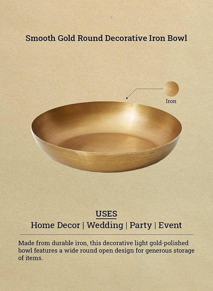 Serene Spaces Living Smooth Gold Round Decorative Iron Bowl, Large Table Centerpiece, Golden Container for Floral Arrangement, Fruits, Candies, Accessories, Measures 10" Diameter & 2" Tall, Set of 12