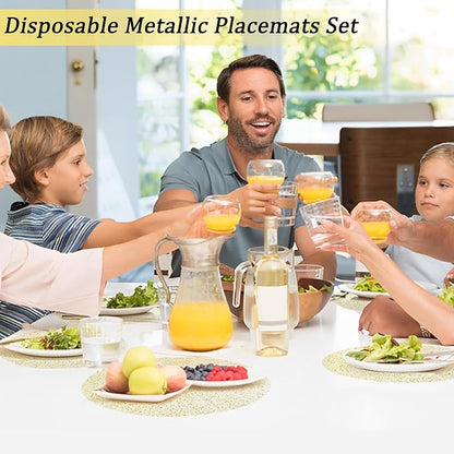 Hysenm 50 Pcs Disposable Gold Placemats Set Metallic 13 Inch Round Foil Mesh Pressed Table Doilies, Ultra-Thin Disposable Placement Mats for Home Decoration Dining Table Wedding Birthday Party