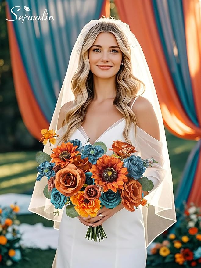Serwalin Artificial Burnt Orange & Teal Flowers, Orange Silk Fake Flowers, Autumn Faux Sunflowers for Wedding Bouquet, Table Centerpieces, Home Decor