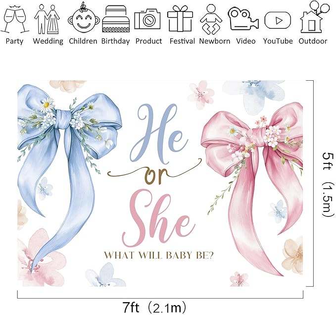 Riyidecor Gender Reveal Backdrop Polyester Fabric Bow Baby Shower Leaves He or She What Will Baby Be Pink Blue 7Wx5H Feet Newborn Photography Background Gender Reveal Photo Studio Shoot