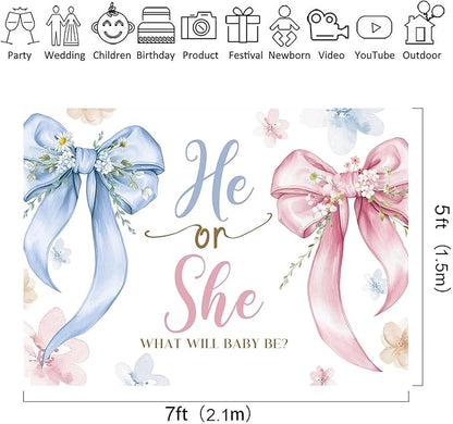 Riyidecor Gender Reveal Backdrop Polyester Fabric Bow Baby Shower Leaves He or She What Will Baby Be Pink Blue 7Wx5H Feet Newborn Photography Background Gender Reveal Photo Studio Shoot