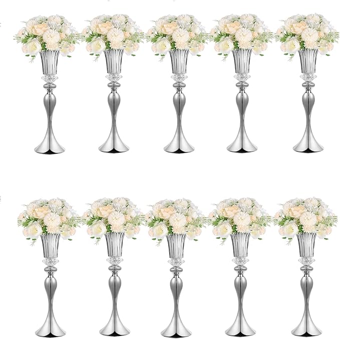 10Pcs/Set Flower Centerpiece Table Decorations Gold Trumpet Vases with Crystal Bead for Wedding Centerpieces Birthday Party Event Home Decor