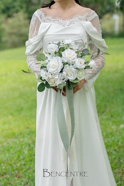 10 Inch White&Greenery Bridal Bouquet,Wedding Bouquet,Bride Bouquets for Wedding Ceremony Anniversary, Party and French Rustic Vintage Wedding,Artificial Flowers…