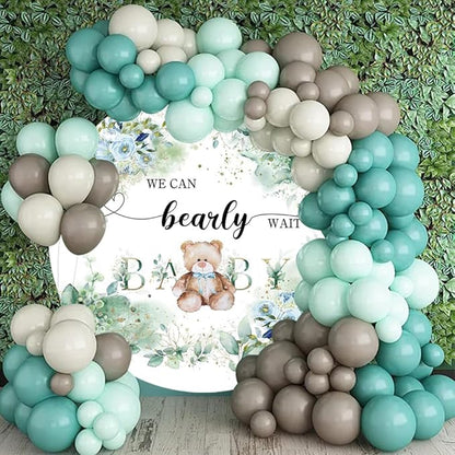 OERJU 7.5x7.5ft Bear Baby Shower Round Backdrop We Can Bearly Wait Lovely Photography Background Green Leaves Floral Circle Backdrop Cover Birthday Gender Reveal Party Decoration Photo Booth Props