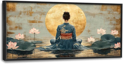 Japanese Woman Large Wall Art Lotus Moon Pictures Wall Decor Nature Canvas Landscape Print Painting Modern Artwork Home Decoration for Living Room Bathroom Bedroom Office Framed 60"x30"