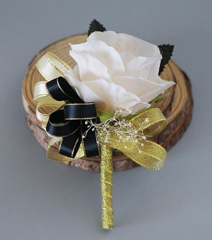 Aimto Ivory Rose and Black Wrist Corsage and Boutonniere Set for Wedding Flower Accessories Prom Suits