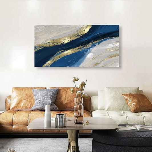 Abstract Canvas Wall Art for Living room Office Bedroom Golden Blue Wall Art Print Oil Paintings Modern Abstract River Texture Pictures Wall Decor Artwork Waterproof Ready to Hang - 20in * 40inch