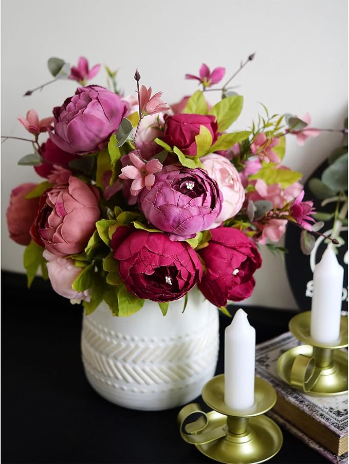 FiveSeasonStuff Mystic Blush Silk Peony & Hydrangea Bouquet with 2 Gold Taper Candle Holders; Vintage-Inspired Artificial Flowers for Weddings & Home Decor