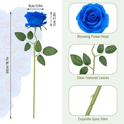 Waipfaru 16 Pcs Blue Roses Artificial Flowers, Fake Silk Roses with Long Stems, Faux Flowers for Independence Day Wedding Bouquet Centerpiece 4th of July Patriotic Decor (Royal Blue)