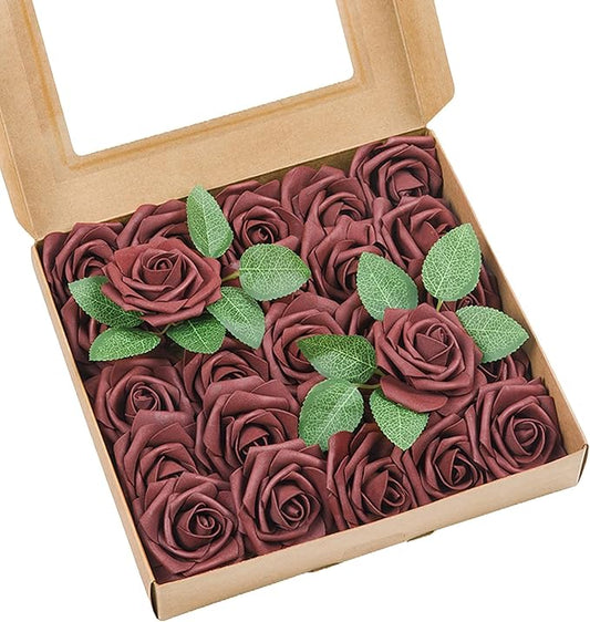 Meldel Artificial Flowers 50pcs Real Looking Rust Red Foam Fake Roses with Stems for DIY Wedding Bouquets Bridal Shower Centerpieces Floral Arrangements Home Decorations Bulk Crafts Rose