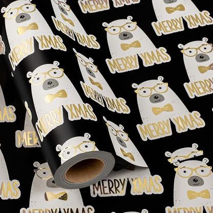 MAYPLUSS Metallic Foil Christmas Gift Wrap Paper - 17 Inch X 33 Feet - Cute Luxury Golden Bear w/Sunglasses on Black Design Winter Holiday Gift Wrap Present Paper Sheet for Party Birthday Baby Shower