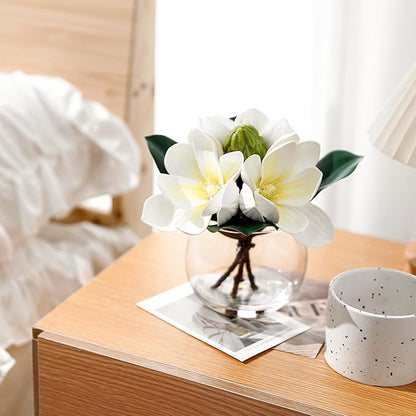 Artificial White Magnolia Flowers in Glass Vase with Faux Water, Real Touch Silk Magnolia Floral Arrangement, Fake Magnolia Centerpiece for Home Dining Table Office Bathroom Shelf Decoration
