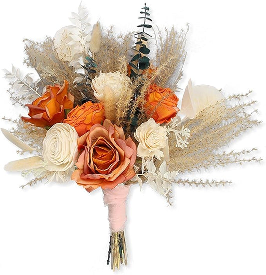 Rinlong Fall Wedding Bouquet for Bridesmaids Burnt Orange Dried Flower Bridesmaid Boho Terracotta Bouquet Wedding