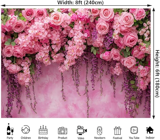 Pink Rose Flower Wall Backdrop for Birthday, Wedding, Bridal Shower, Valentine Day Party Decorations for Bridal Shower Party Decorations (Pink, 8x6ft)