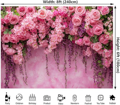 Pink Rose Flower Wall Backdrop for Birthday, Wedding, Bridal Shower, Valentine Day Party Decorations for Bridal Shower Party Decorations (Pink, 8x6ft)