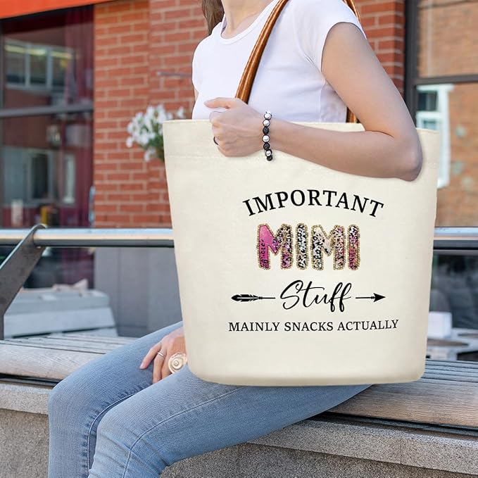 Canvas Tote Bag for Women, Important Stuff Bag with Leather Handle, Reusable Grocery Bags for Shopping Beach Travel