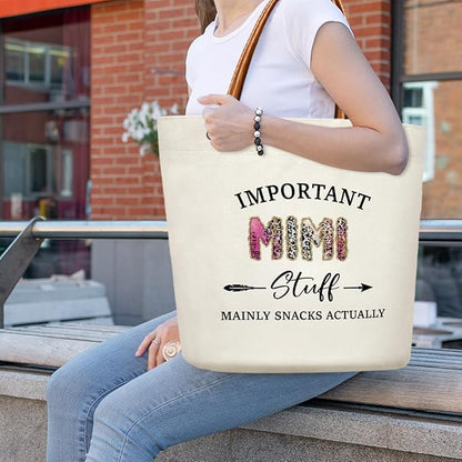 Canvas Tote Bag for Women, Important Stuff Bag with Leather Handle, Reusable Grocery Bags for Shopping Beach Travel