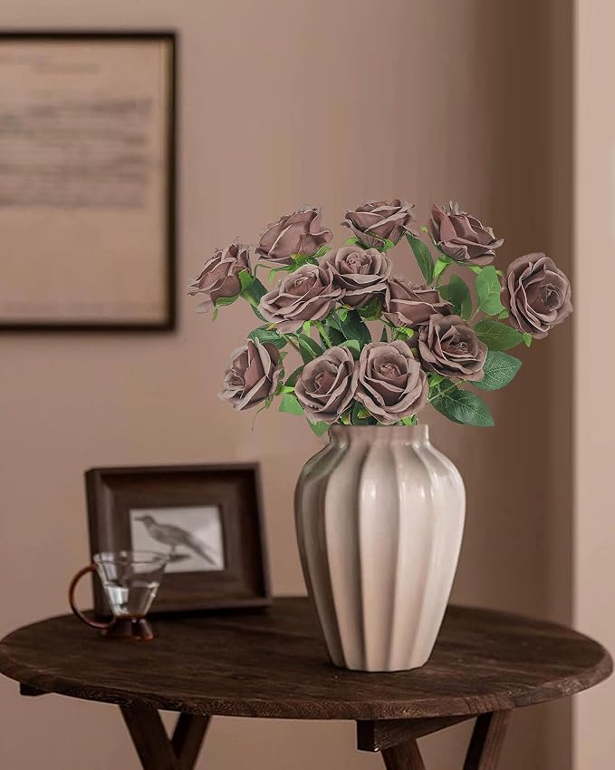 DuHouse 10pcs Fake Roses Artificial Silk Flowers Long Stems Bouquet for Arrangement Wedding Centerpiece Party Home Kitchen Decor(Mocha Brown)