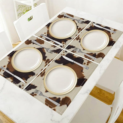 Cow Print Placemats Set of 4 Rustic Farmhouse Brown Cowhide Print Western Style Art Printed Dining Table Mats for Restaurant Home Kitchen Holiday Decor 12x18in
