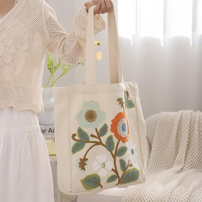 Aesthetic Embroidery Tote Bag for Lady Cute Reusable Canvas Shoulder Bag for Girls Women Shopping Grocery