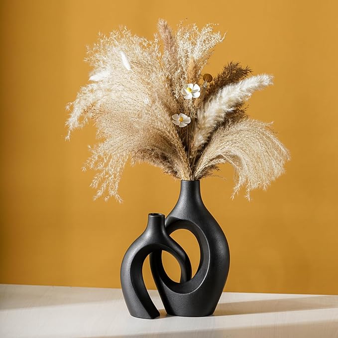 Extra LargeMatte Black Ceramic Vase Set of 2 Vase for Pampas Grass, Modern Circle Donut Aesthetic Flower Decorative Vases for Nordic Style Boho Home Decor (W 6.8" X H 11")