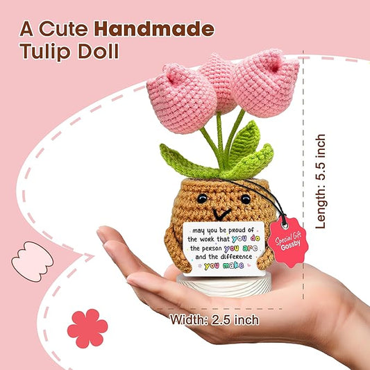 Gossby Handmade Positive Tulip Flower Crochet - May You Proud of The Work That You Do - Inspirational Gift for Women - Positive Energy, Apreciation, Farewell, Retirement, Goodbye Gift for Coworker