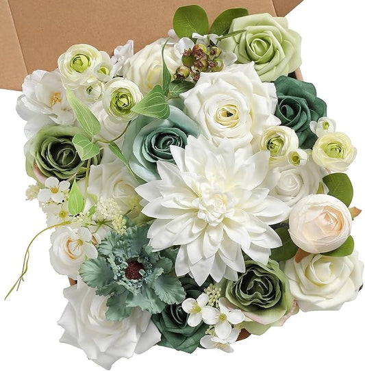 Artificial Flowers Roses Fake Flowers with Stems White Dahlia Artificial Flowers for DIY Bridal Bouquets Faux Flowers Centerpieces for Table Home Decor (White Green)