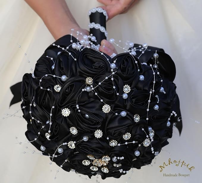 Bridal Wedding Bouquet Round Bling Brooch Bouquet Throw Toss Artificial Rose Flower Bunch for Bride Bridesmaid Wedding Quinceanera(Black, 7.5")