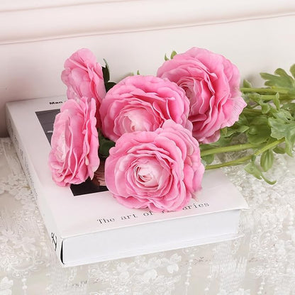Faux Ranunculus 5PCS Real Touch Flowers Pink Peonies 21.6” Pink Ranunculus Long Stem Artificial Flowers for Tall Vase for Weddings Bridal Bouquet Baby Shower Decorations