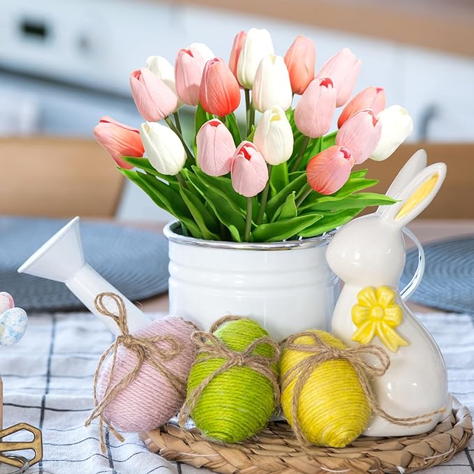 Real Touch Artificial Tulips, 20pcs Fake Tulip Flowers Stem, PU Faux Tulips 13.5” for Mother's Day, Home Decor, Wedding, Easter Valentine's Gift, Table Centerpieces, Pink Series and White