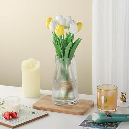 8" High Clear Glass Vase for Flower, Flower Vase for Bouquet, Ribbed Vases, Modern Glass Vase for Living Room, Bedroom, Dinning Table, Wedding, Centerpiece (Clear, 4.3"x8")